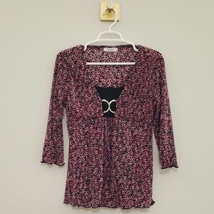 Y2k 90s Babydoll Top Small Pink Black Geometric Retro Accordian 3/4 Sleeves